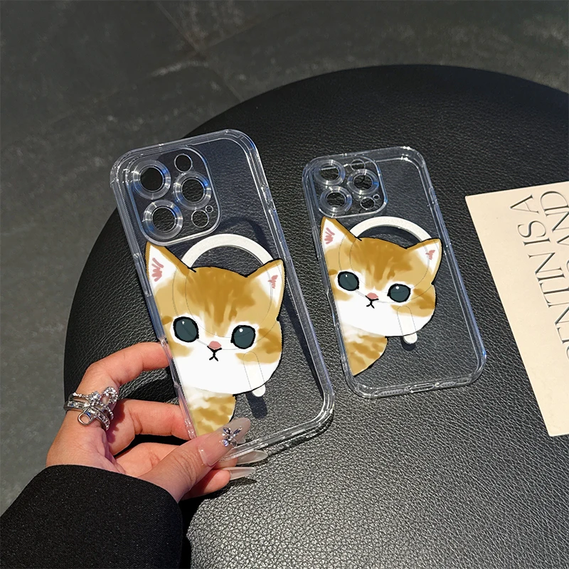 For Magesafe Magnetic Wireless Charge Case For iPhone 17 Air 11 12 13 14 15 16 Pro Max MINI Soft Cover Transparent Lovely Cat