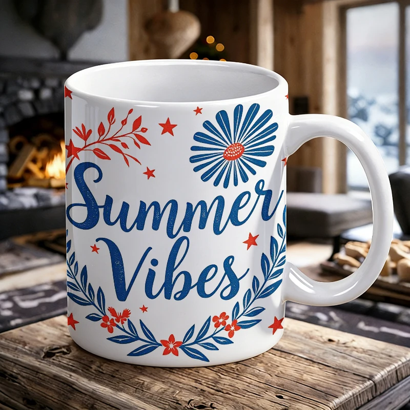 

Independence Day Mug Coffee Cup Ceramic Cup Summer Vibes - Patriotic Floral and Star Pattern