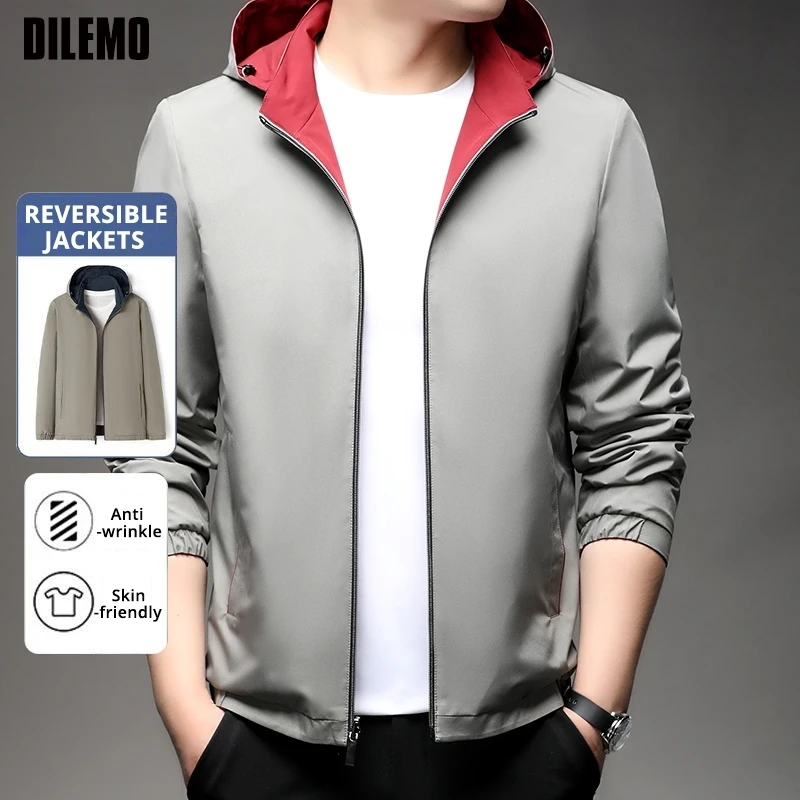 

Premium Reversible Softshell Detachable Hood Men Sports Outdoor Jacket Spring Fall Windbreaker Casual Lightweight Coats Outwear