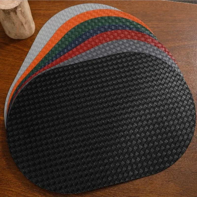 Oval Double Sided Woven PVC Leather Placemat Solid Color Heat Resistant Dining Table Mats European Reversible Waterproof Pads
