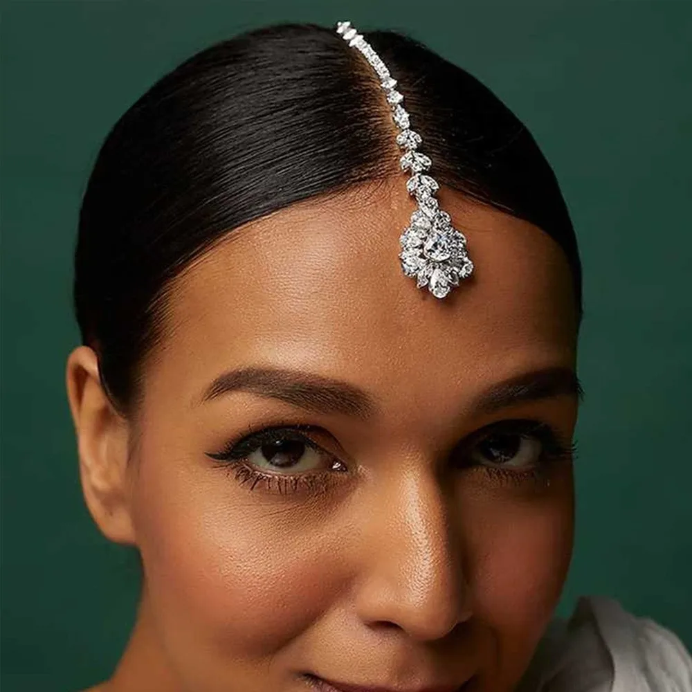 Women  Maang Tikka Head Chain Silver Rhinestone Forehead Chain Clip Teardrop Hair Jewelry Boho Bridal Wedding Hair Accessories
