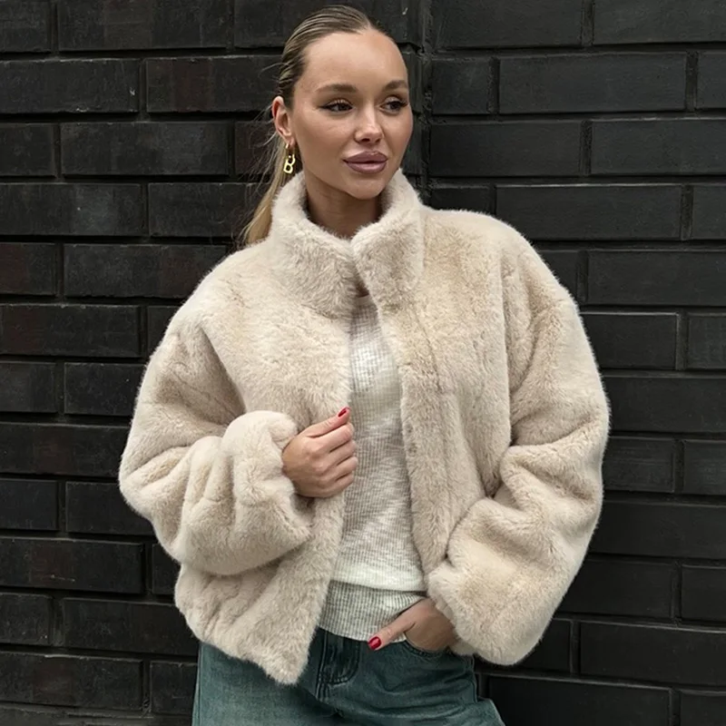 

Tornova Stand Collar Faux Fur Coat For Women Fashion Zipper Warm Plush Jacket 2025 Autumn Winter New Solid Streetwear Short Coat