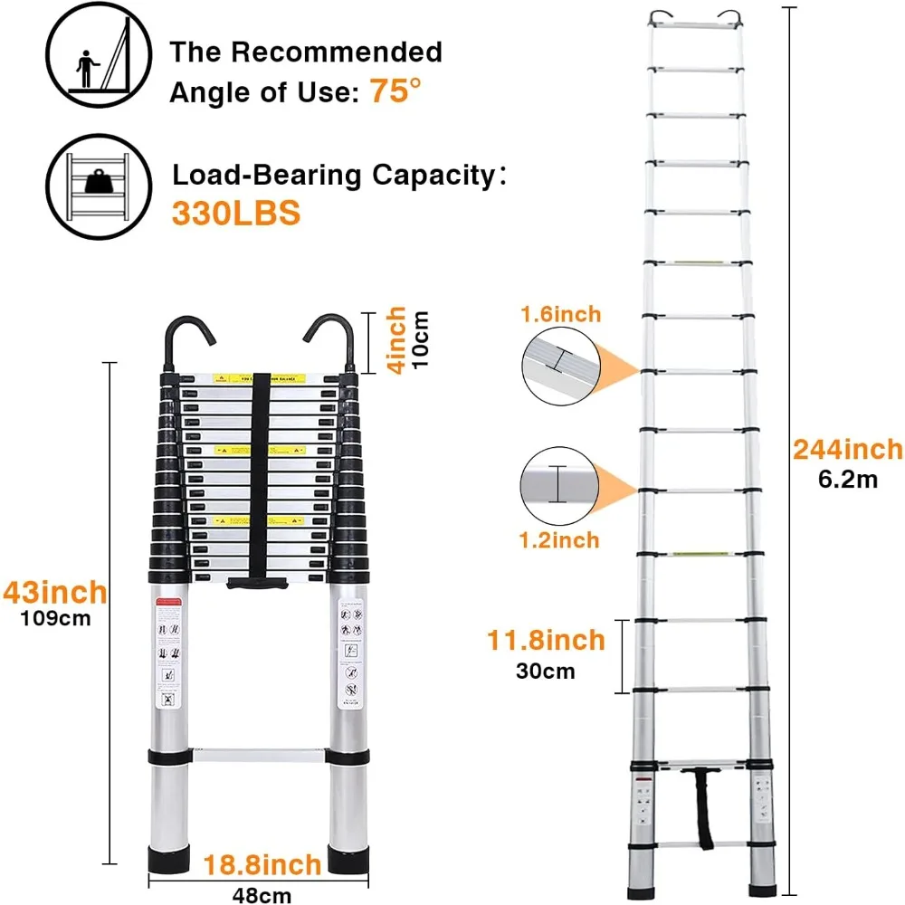 Portable 20-Foot Aluminum Extension Ladder with Non-Slip Feet, 330-Pound Capacity, EN131 Compliance, Suitable for Home and Indus