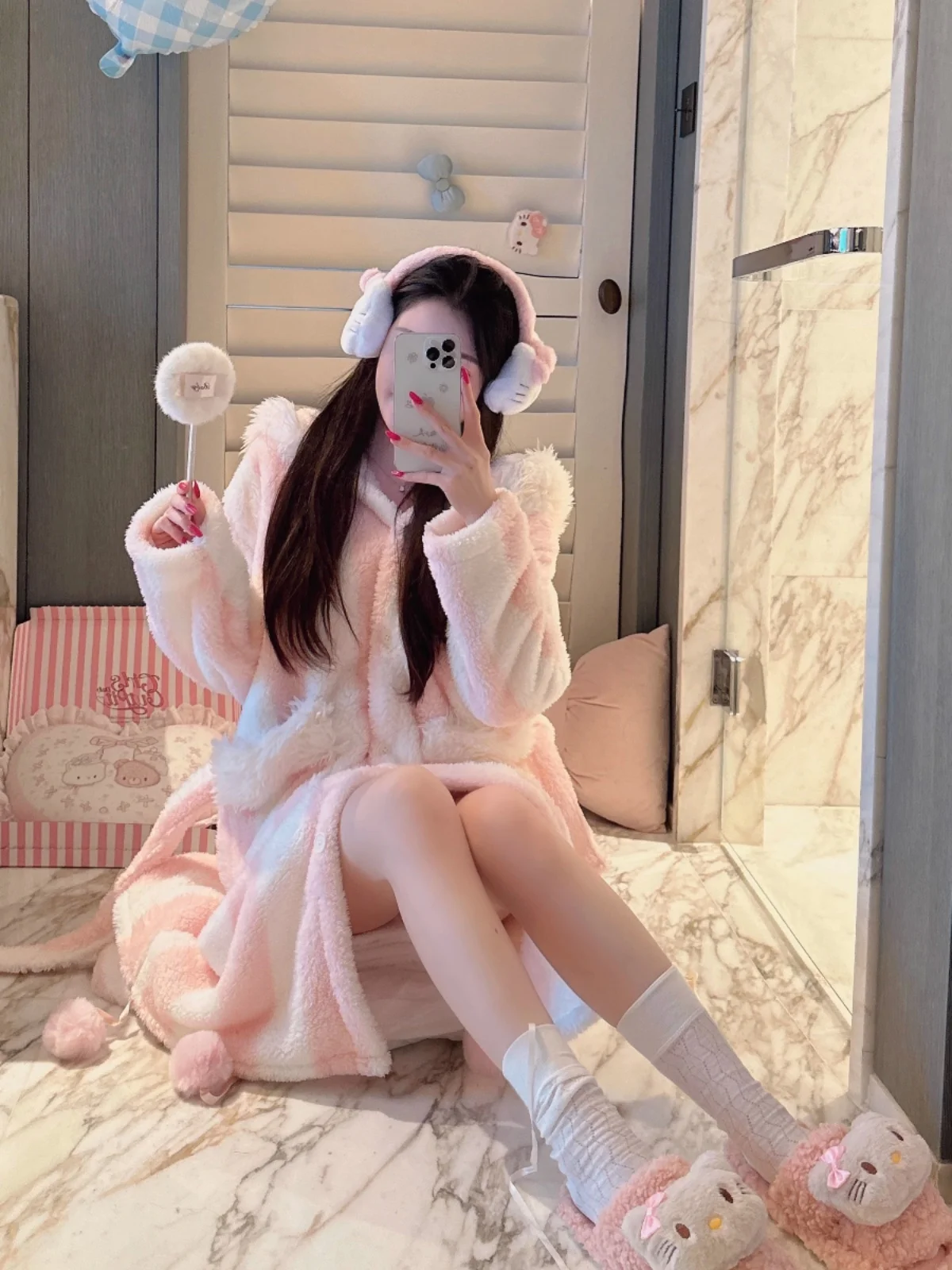 Sweet Girl Japanese Original Coral Fleece Thickened Hooded Pajamas Autumn Winter Warm Comfortable Skin-friendly Flannel Pajamas