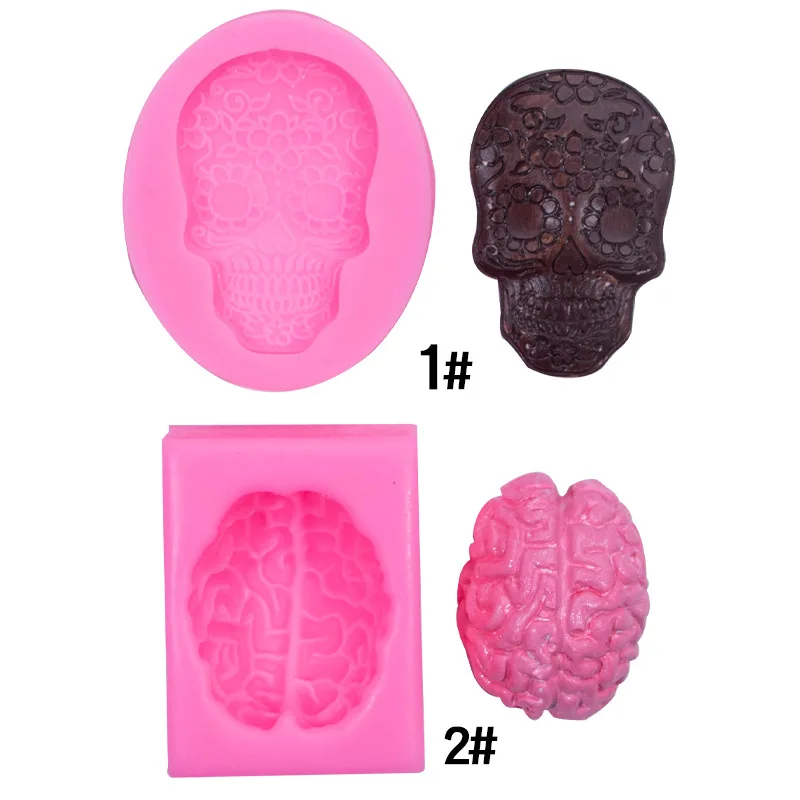 Diy Halloween Skull Liquid Silicone Mold Simulation Brain Fondant Cake Clay Plaster Decoration Mould 17-636