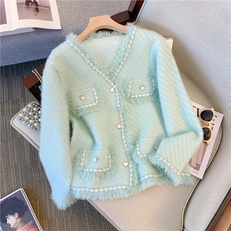 

Женское шерстяное пальто в полоску, трикотажный кардиган с V-образным вырезом, Свободный Топ с бахромой, весна-осень 2024