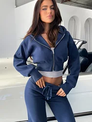 Women's solid color long sleeve cropped sweatshirt and drawstring waist sweatpants ladies hoodie set for winter women's clothing