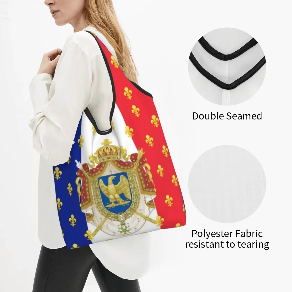 Custom Royal Standard Napoleon France Flag Shopping Bag Women Portable Groceries French Empire Coat Of Arms Shopper Tote Bags