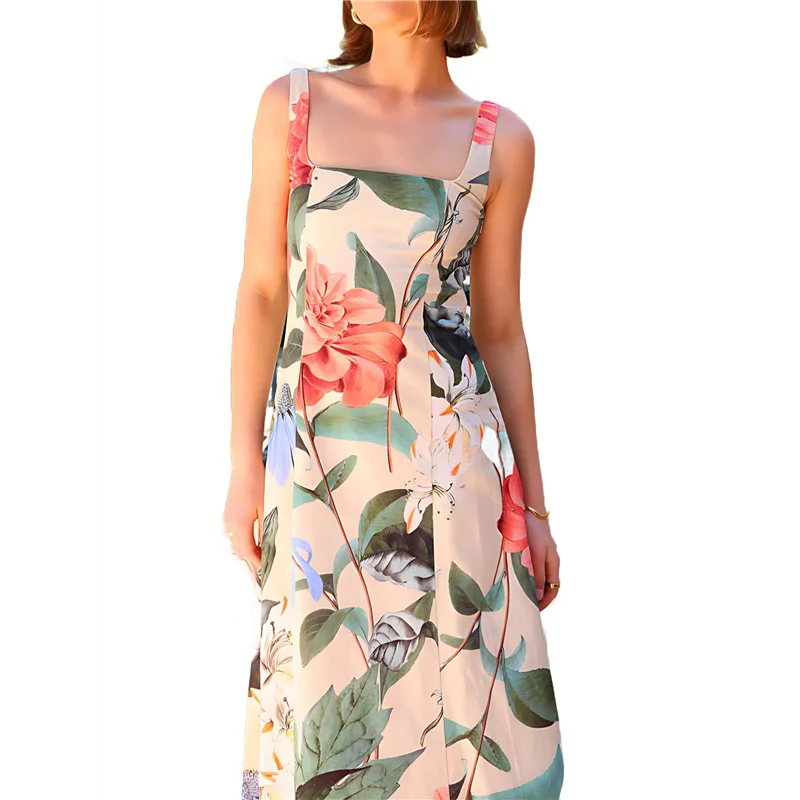 ABRT-เดรสยาวคอสี่เหลี่ยมแขนกุดลายดอกไม้ Flowy ของผู้หญิง A Line Maxi Dress