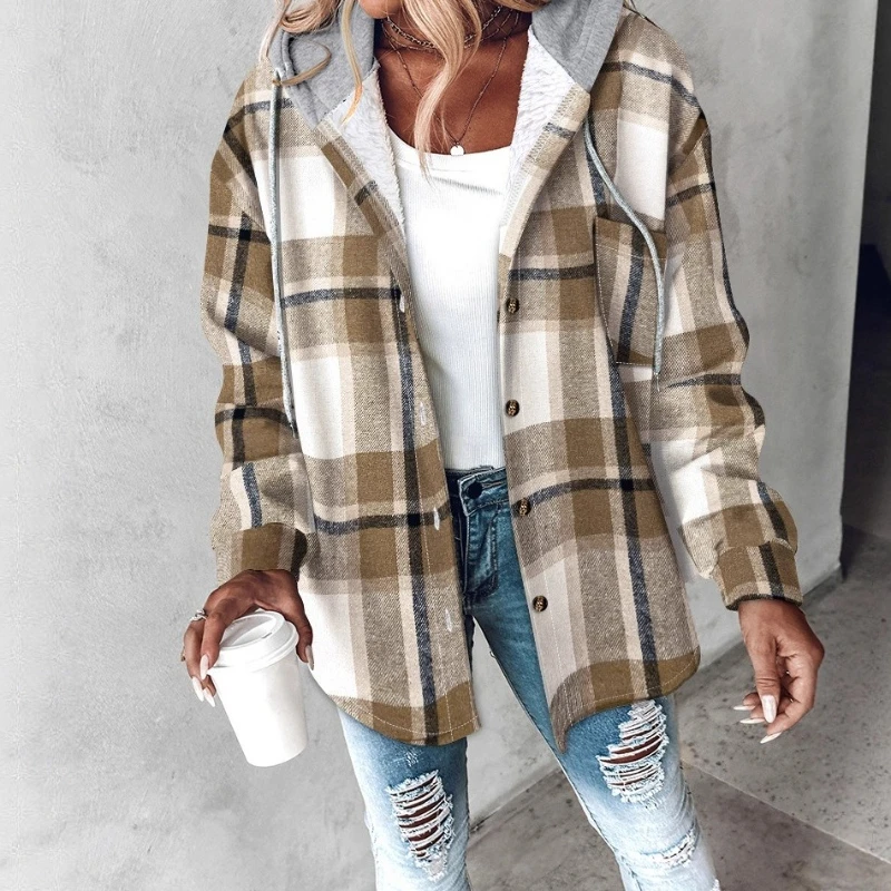 

Женская модная куртка с капюшоном на флисовой подкладке и длинными рукавами в клетку, теплое пальто на пуговицах, осень-зима 2025