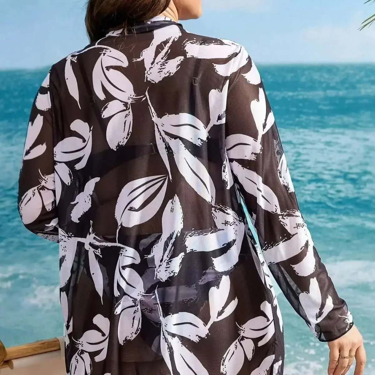 

Plus New Size Split Swimsuit Sexy Three Piece Set Swimsuit Black and White Printed Steel Support High Elastic Swimsuit for Women