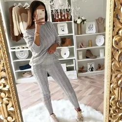 Knitted Sweater and Matching Set for Women, Tops and Pant Sets, O-Neck, Loose, Knitted, Casual, Autumn, Winter, Knit, 2 Pcs