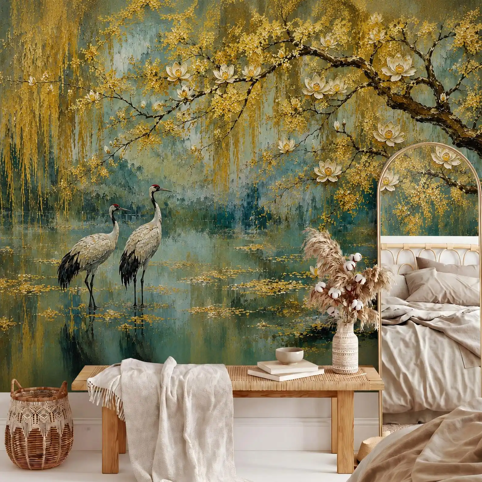 Customized Wallpaper: Chinese Wind Crane Tree Wallpaper: Retro Asian Wallpaper Living Room Bedroom Dining Room 3d Wallpaper