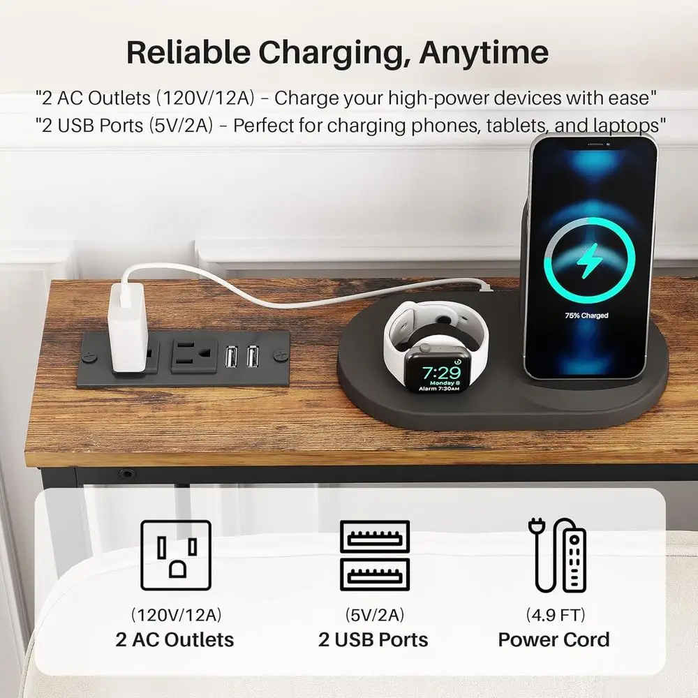 Adjustable Height Narrow Sofa Side Table, 79 L x 5.9 W, 2 Power Outlets, Rustic Brown Console