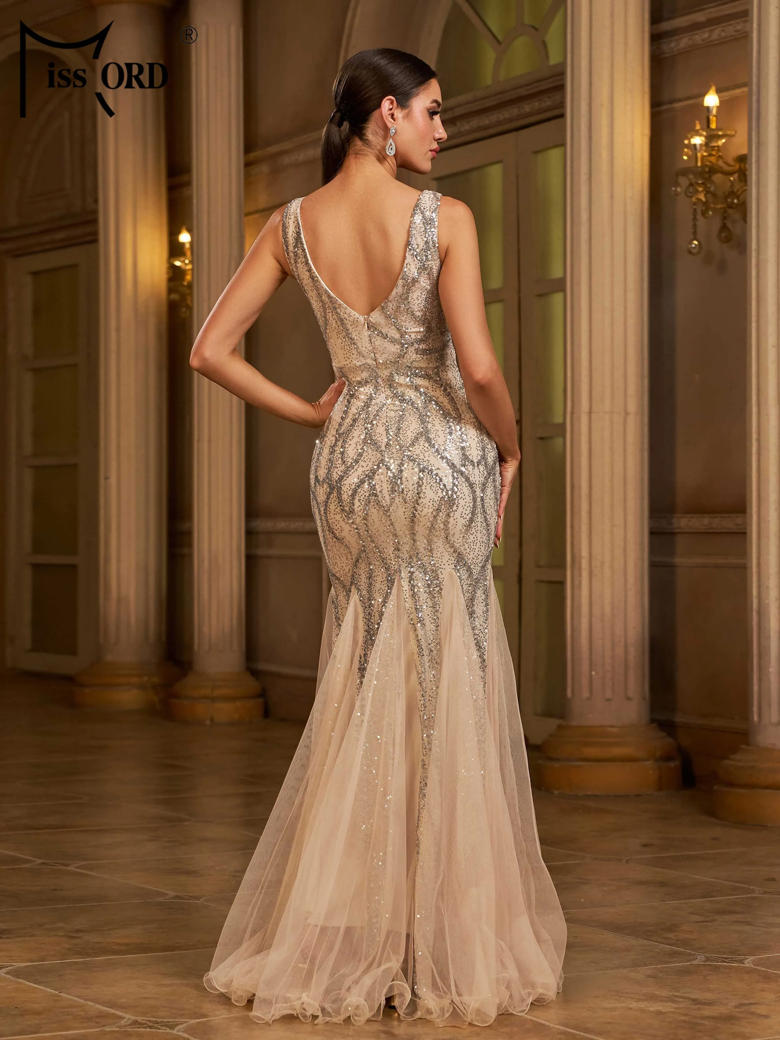 Missord Nuovo 2025 Scollo a V Paillettes Maglia Sirena Abito da Sera Matrimonio Festa di Compleanno Occasioni Formali Elegante Bellissimo Abito da Donna