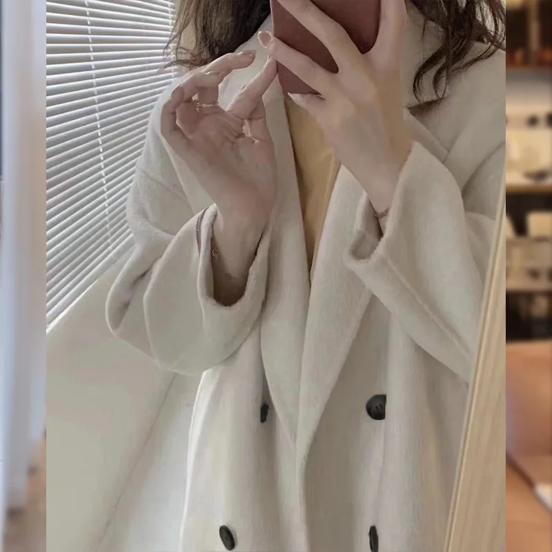 2024 Spring Clothes Women Woolen Coats Turn Down Collar Drouble Breasted Casaco Feminino Long Coats Tops New Invierno