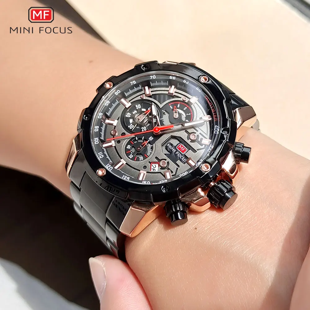 Imagem -02 - Mini Foco Vestido Assista Homem Chronograph Quartzo Relógio de Pulso com Pulseira de Aço Inoxidável Preto Luminosa Mãos Data à Prova Impermeável Água 0401