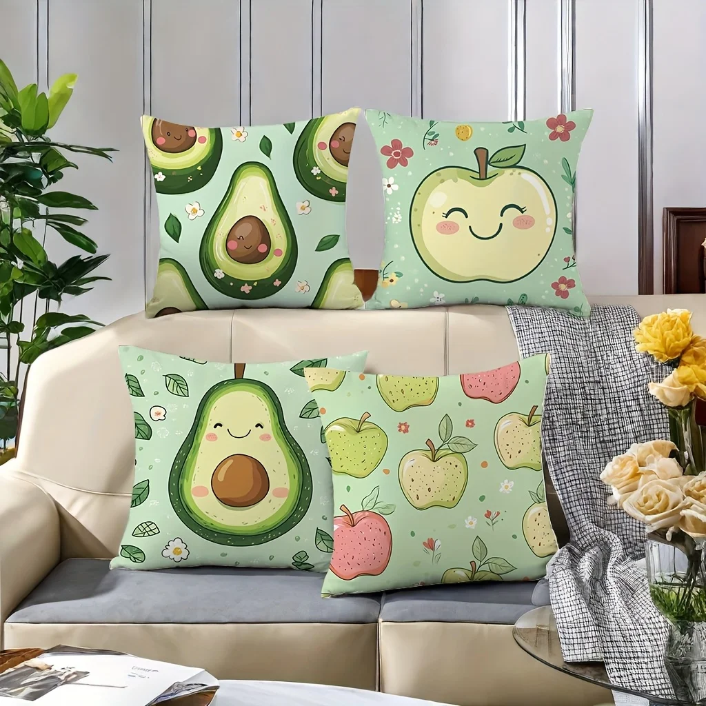Cute Avocado Apple Throw Pillow Covers, Kawaii Fruit Floral Print Cushion Cases, Green Kitchen Decor for Bedroom Living Room