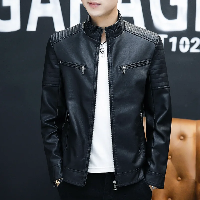 Stand Collar Faux Leather Biker Jacket Multi‑Zipper Pockets Long Sleeve Zip‑Up Coat for Casual Street Motorcycle Outerwear