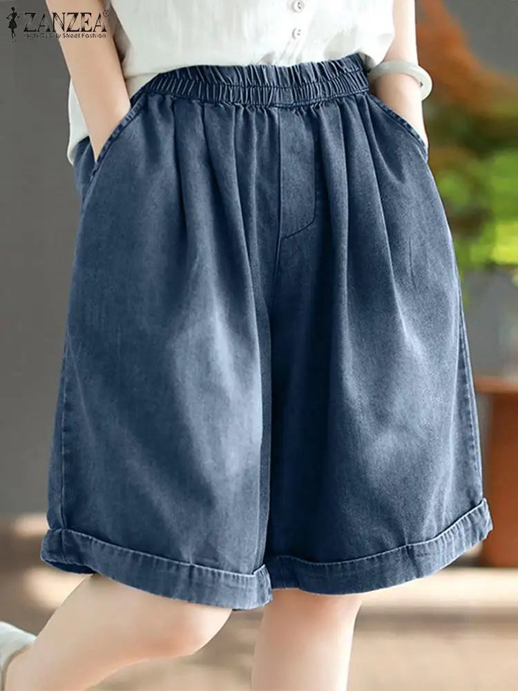 ZANZEA Summer Jeans Trousers Fashion Shorts Women Vintage Wide Leg Denim Blue Pantalon Casual Elastic Waist Solid Short Pant