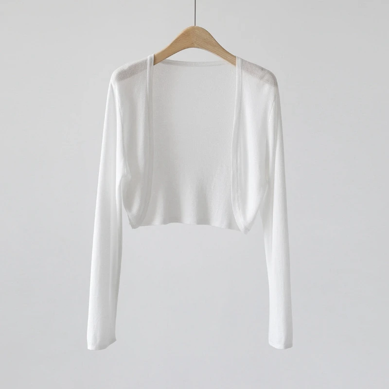 Open Front Knit Cardigan for Women Semi Sheer Long Sleeve Crop Top Cover-up Shawl Spring Summer Sun Protection Outfit