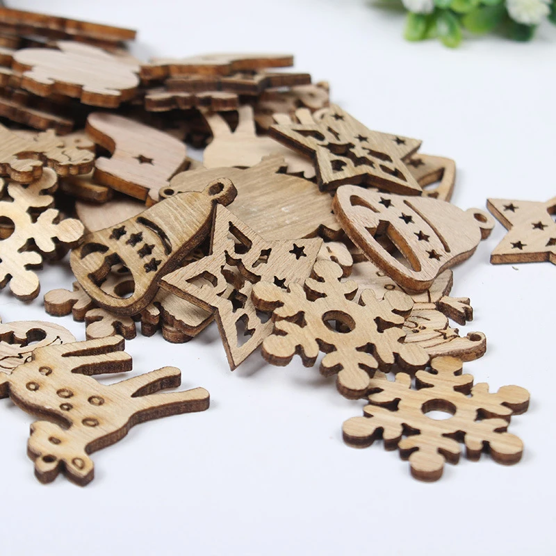 100pices Cartoon wooden Christmas snowflake tree Angel wood chip mixed Christmas DIY decoration accessories