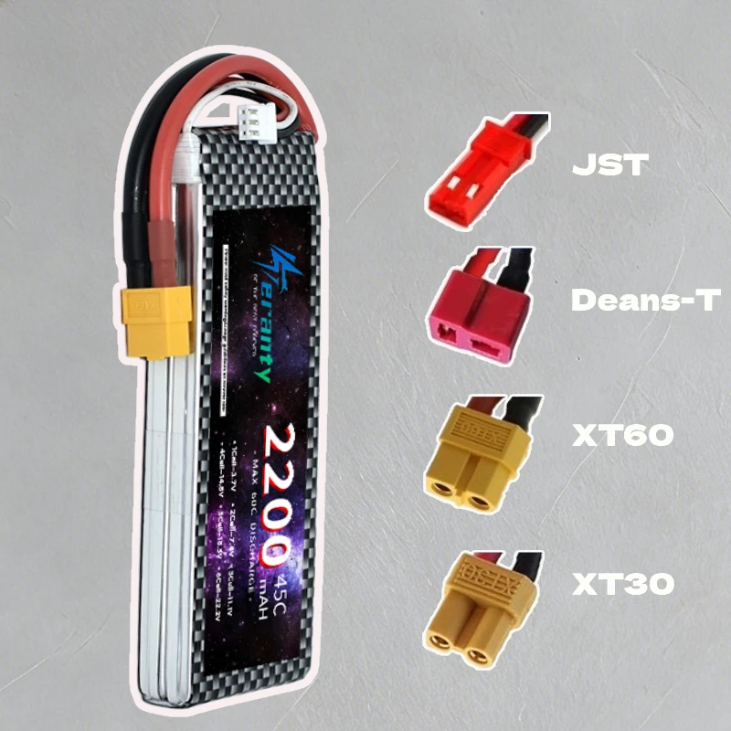 TERANTY 7.4V 2200mAh 2S 45C Lithium Polymer Battery with XT60/T/XT30/JST For RC Truck Airplane Helicopter UAV Remote Control Toy