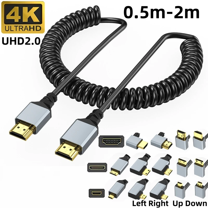 

4K UHD Spring Cable Up/Down/Left/Right Angle Mini Micro HDMI-compatible Coiled Flexible Cord for HDTV PC Camera Camcorder Tablet