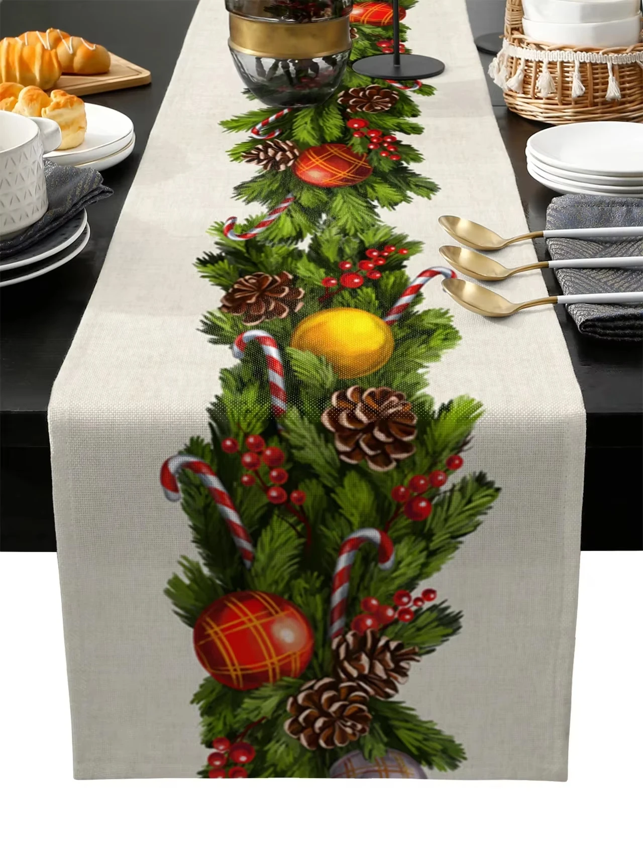 

Holiday Christmas Countryside Linen Tablecloth Runner Pinecone Printing Holiday Party Linen Tablecloth Christmas Decoration