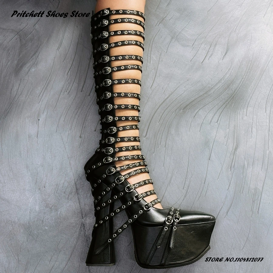 

Женские пикантные кожаные сапоги до колена на коническом каблуке с пряжкой на платформе, круглые металлические кольца, модные туфли для вечеринок и свиданий