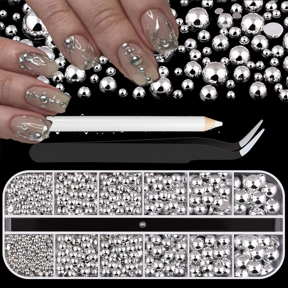 

12 сеток, серебряные полубусины для украшения ногтей с ручкой + пинцетом, металлические подвески для ногтей, шарик-икра Y2K, 2/3/4/5/6/8 мм, бусины для ногтей с плоской задней частью