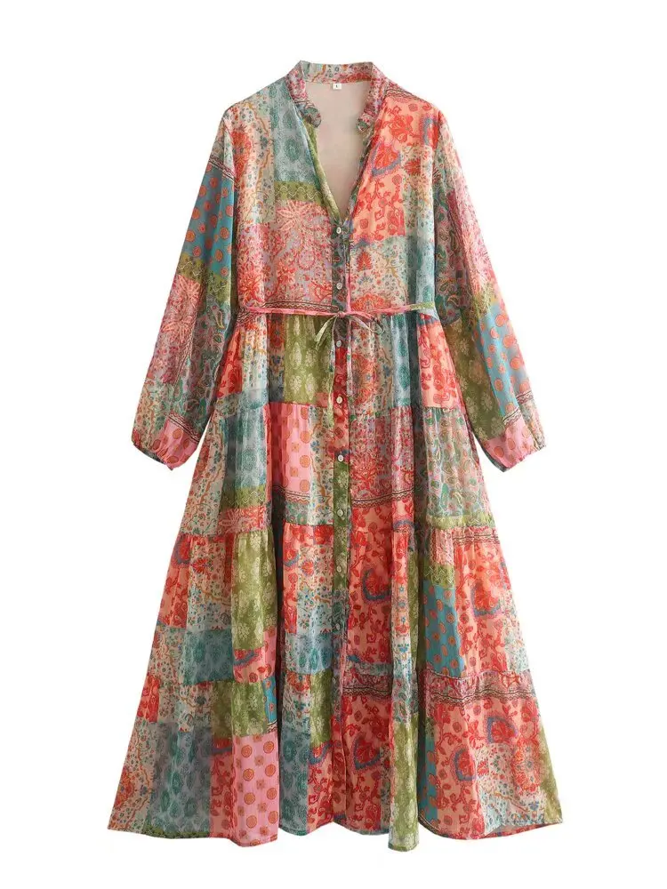 

European and American women's fashion street style single-breasted flower print long skirt with waist tie stitching ruffled long
