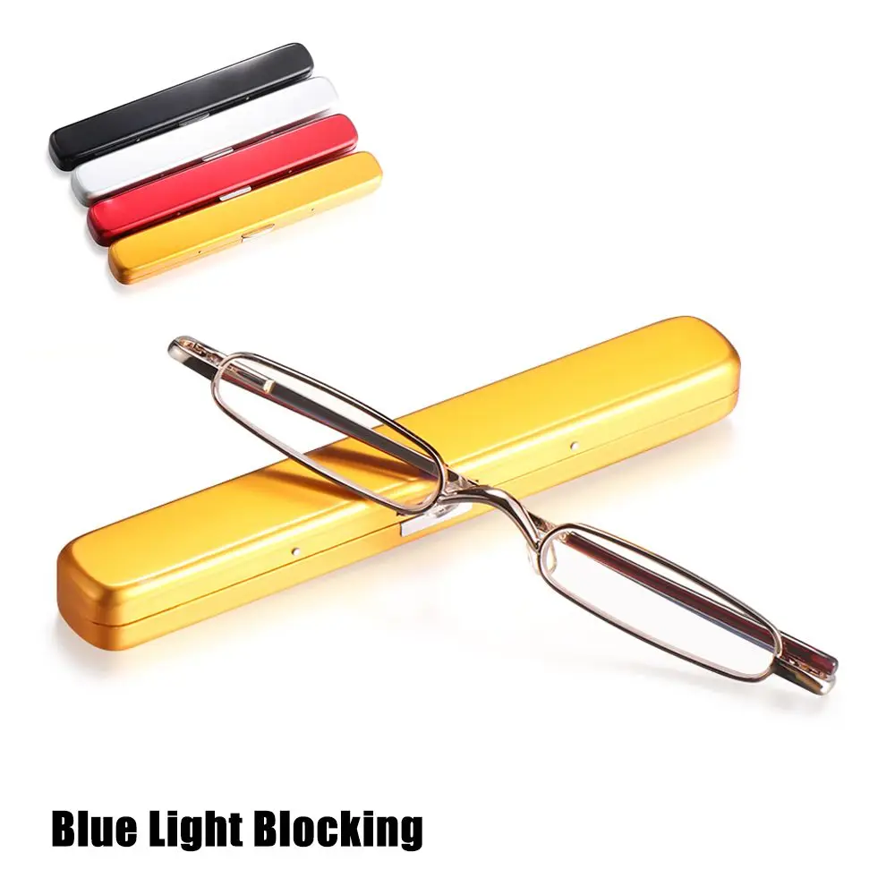 Hinge Presbyopic Glasses Metal Frame Readers Eyeglasses Blue Light Blocking with Portable Pen Clip Case Mini Reading Eyewear