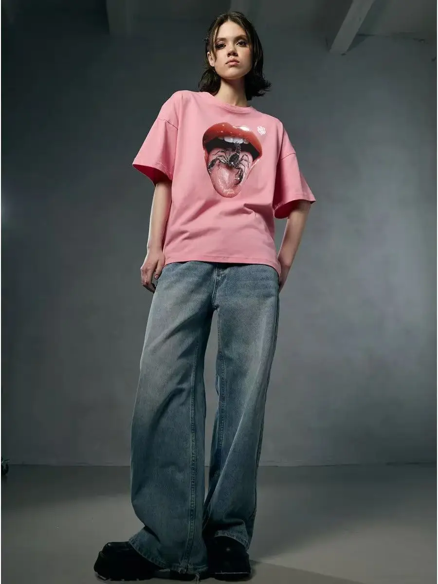 Mouth Containing Scorpions Print Y2K Gothic Punk Style Tshirt Women Short Sleeve Pink Cotton Ins Streetwear T-shirt Female Tops