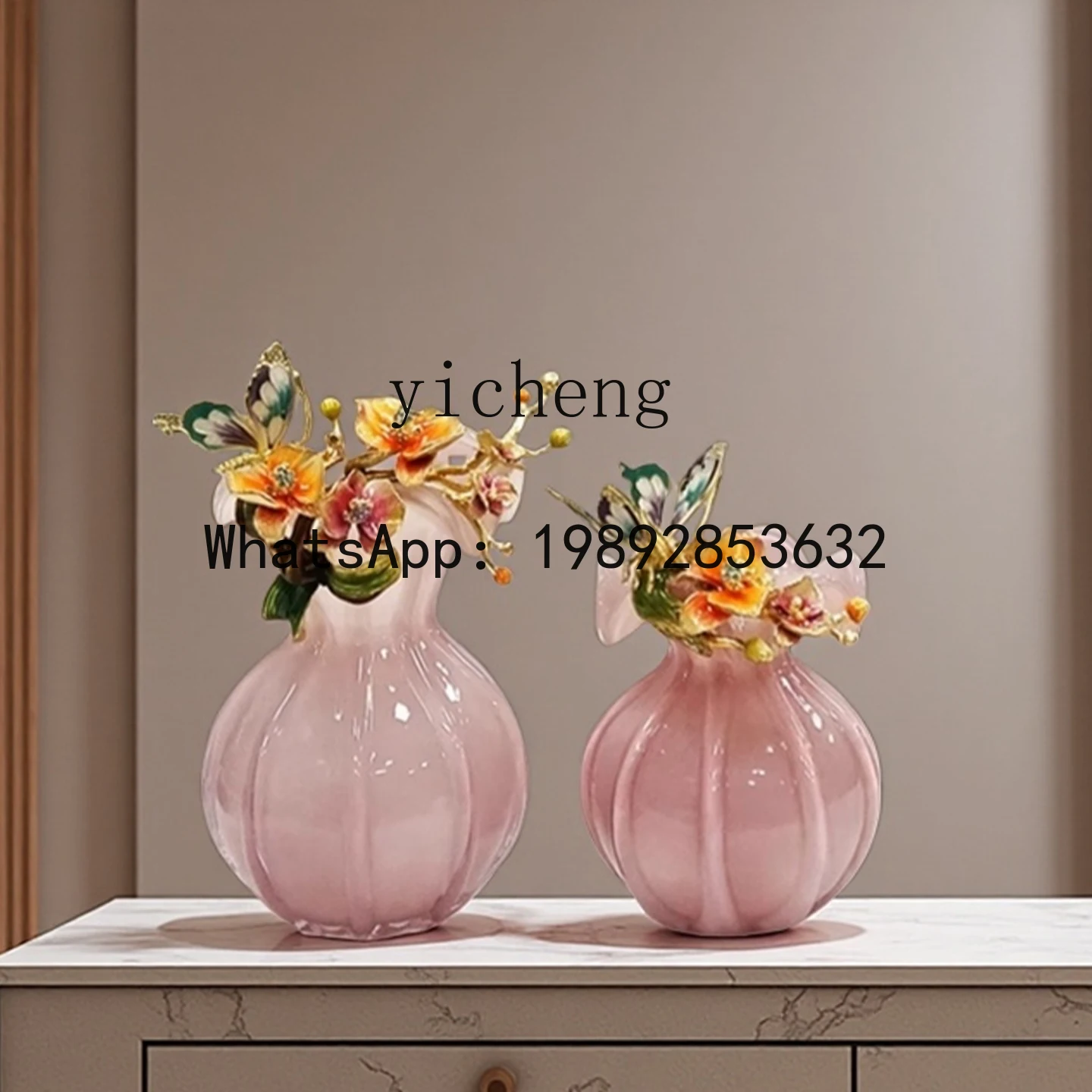 

X7 pink glass vase high-end enamel color ornament living room table decoration