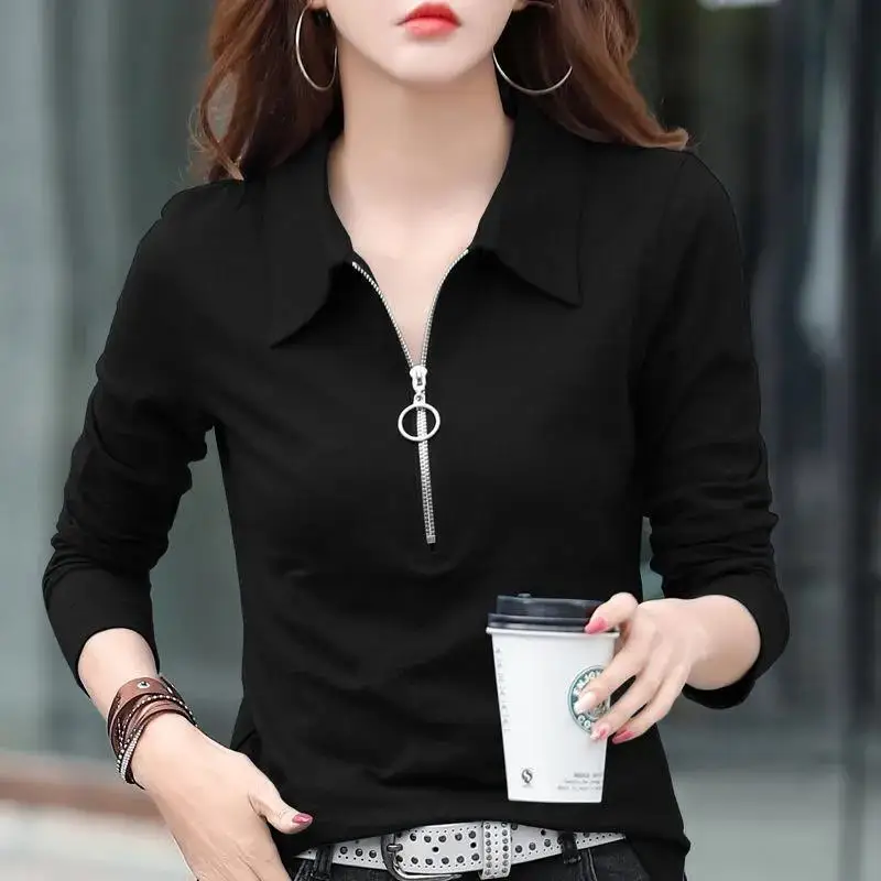 Casual Fashion Lapel Solid Color Zipper T-Shirt 2022 Autumn New Commute Pullovers Tops Long Sleeve Loose All-match Woman Tshirts