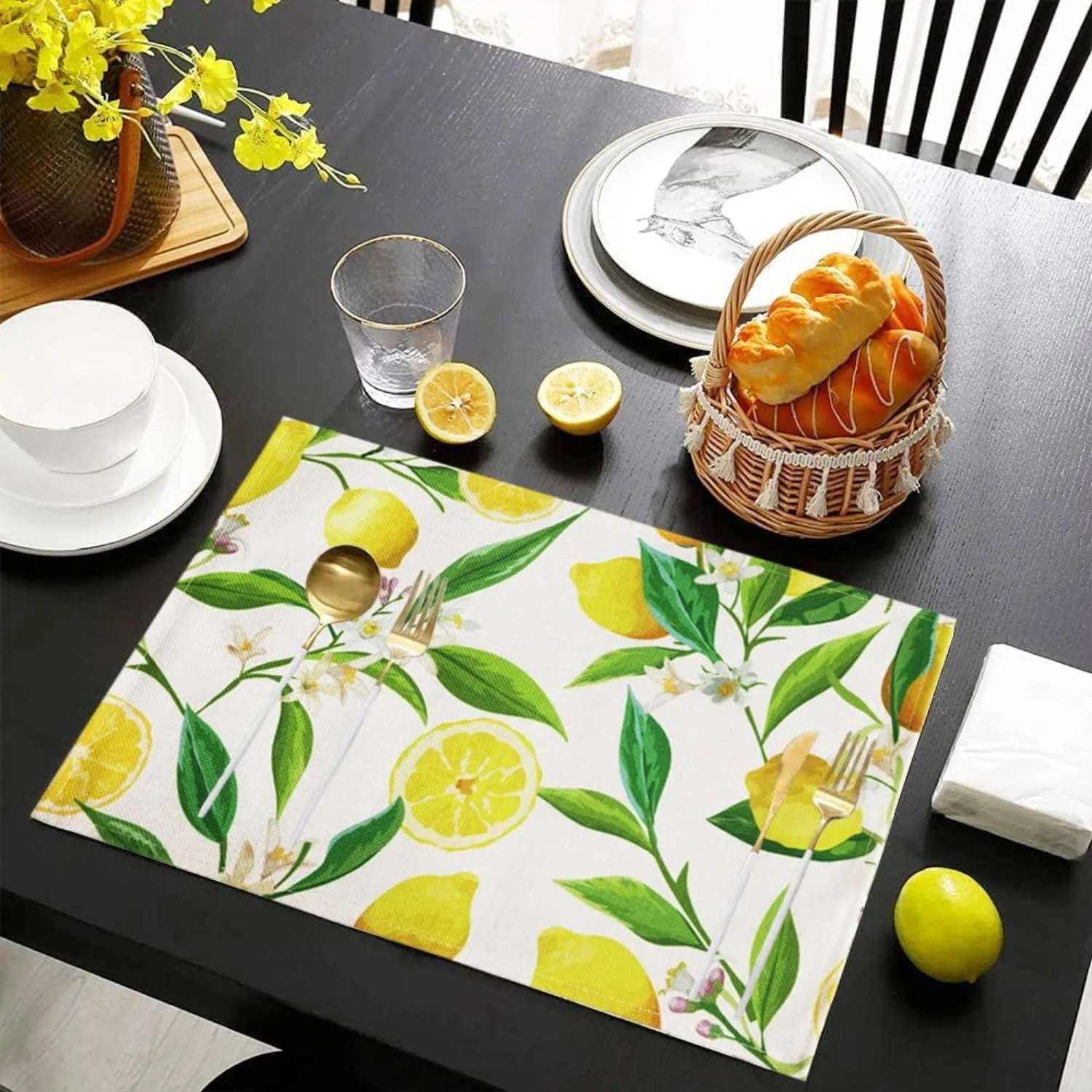 1pc Table Pads, Lemon Table Placemats Set, Linen Place Mats, Heat Resistant Placemats, Fabric Rectangle Table Mat