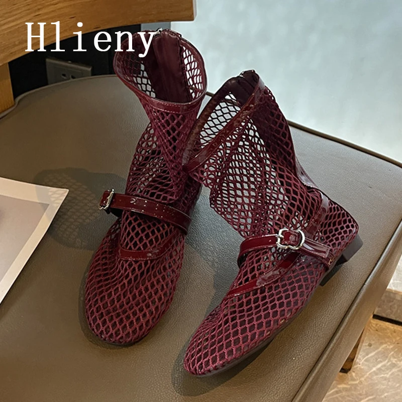 Hlieny/летние женские ботинки из дышащей сетки с пряжкой и ремешком, туфли на плоской подошве с круглым носком и молнией, размер 35-43