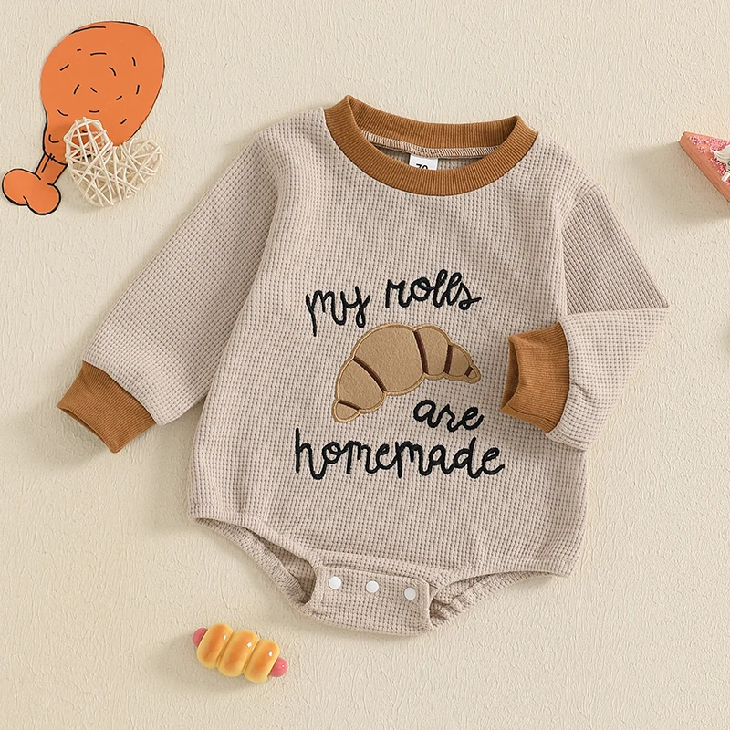 Thanksgiving Baby Romper with Cute Turkey Embroidery and Warm Long Sleeves for Fall and Winter Season