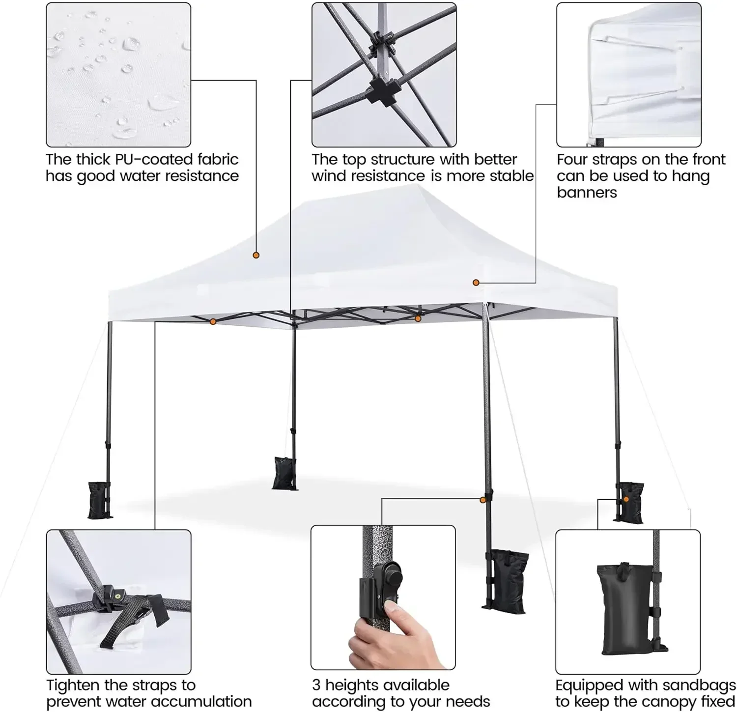 

Heavy Duty Pop Up Canopy Tent, 10x15 Commercial Instant Shelter Tent, Outdoor Adjustable Canopy with Wheeled Bag, White