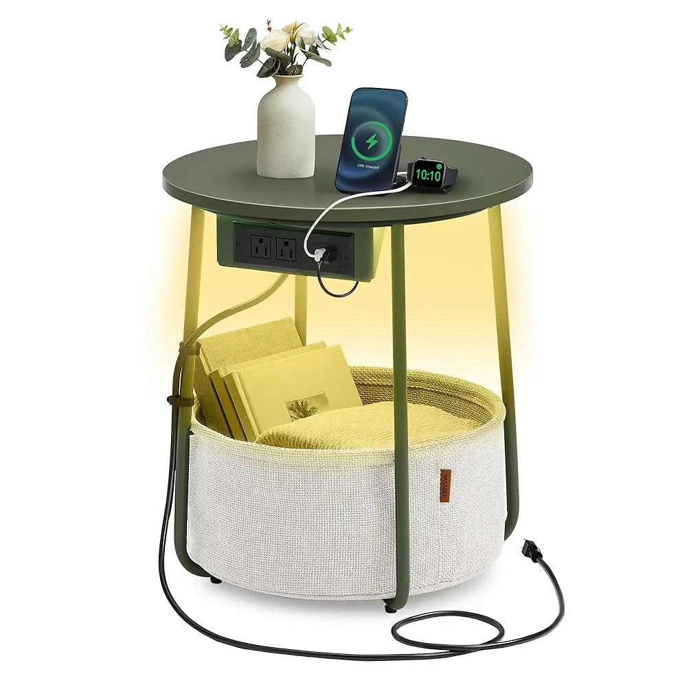 

Side Table With Charging Station, Round End Table With Fabric Basket, Led Nightstand With Power Outlets, Usb Ports, For Living