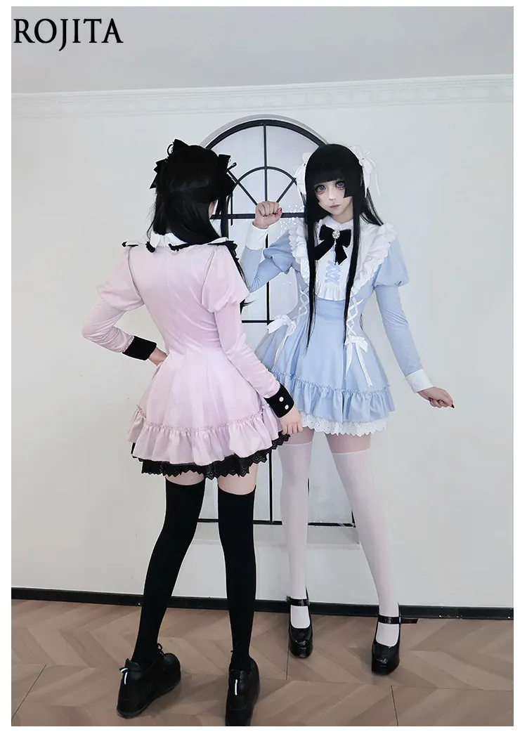 

Sweet Girl Ruffled Velvet Dress with Gothic Style Pointed Collar Long Sleeves and Tie-up Bow Autumn and Winter Dress for Women