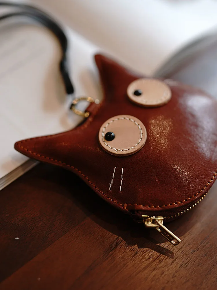 Vegetable Tanning Leather Cute Cartoon Cat Retro Neck-Hanging Coin Purse Key Bank Card Headset Storage Bag
