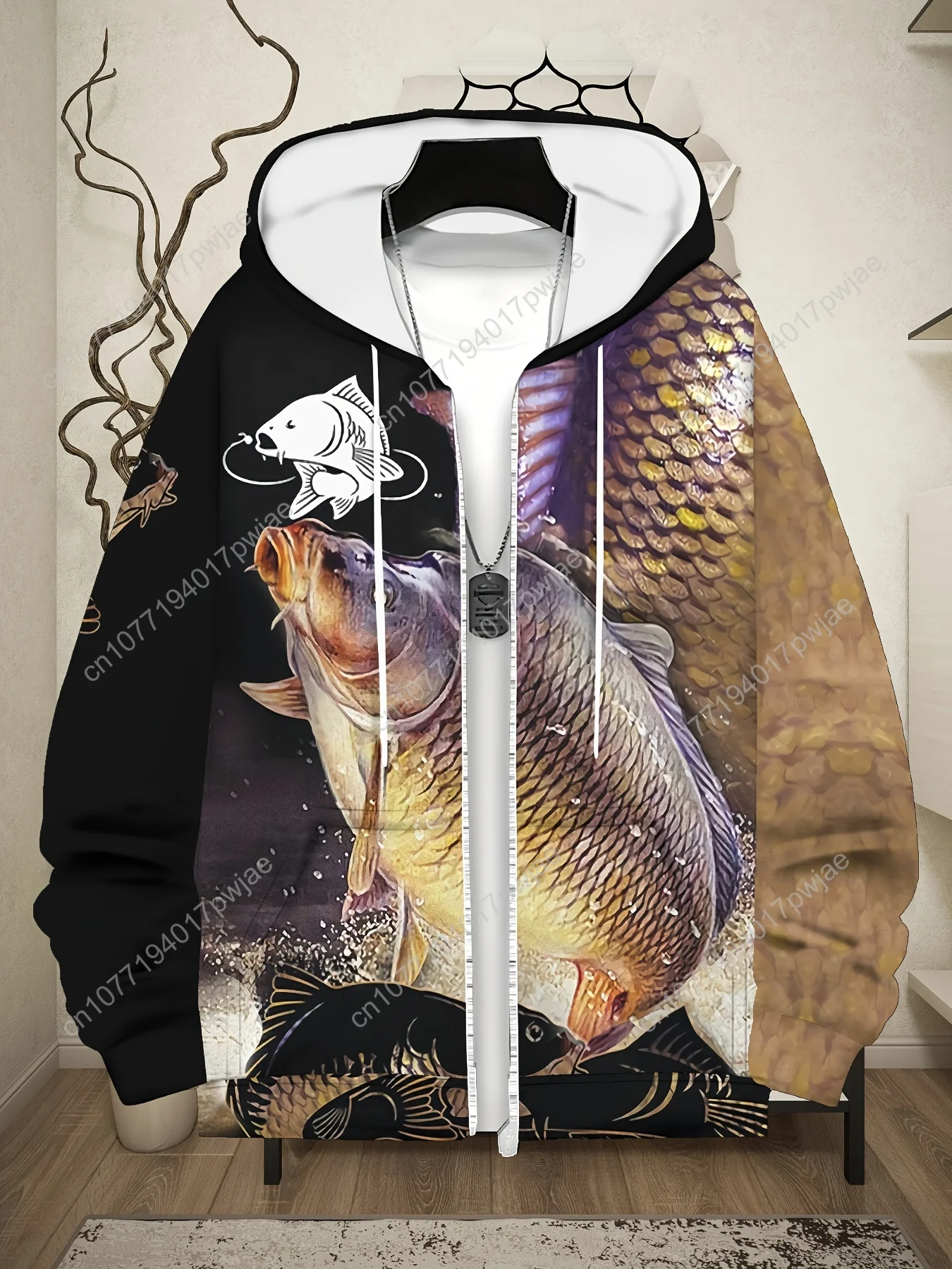 Giacca con cappuccio con zip e stampa termica da pesca da uomo / Cappotto caldo invernale a maniche lunghe con design a squame di pesce / Casual all'aperto durevole