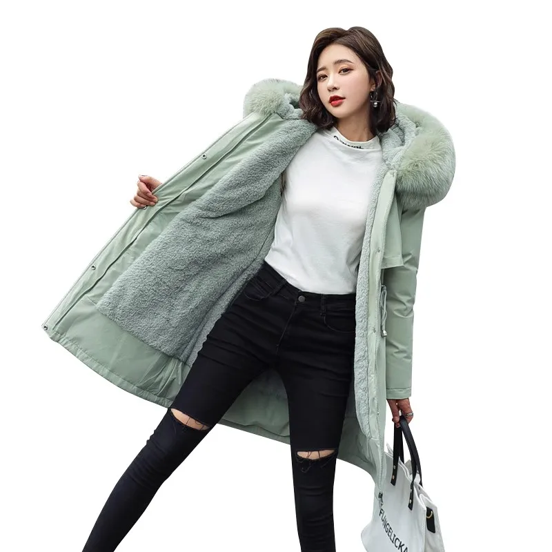 Jaqueta Fena de Aodão Forrada com Lã ssa, Estilo Coreano, Parka de Crimento Médio, Casaco Moderno para o Inverno