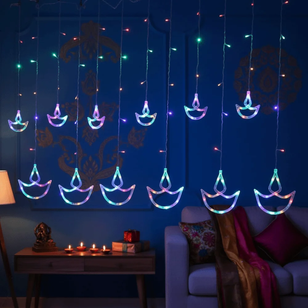 

Diwali Decoration USB Plug Diwali Light Happy Diwali Brilliant Night String Lights Heart Shape Curtain Light Wall Window Decor