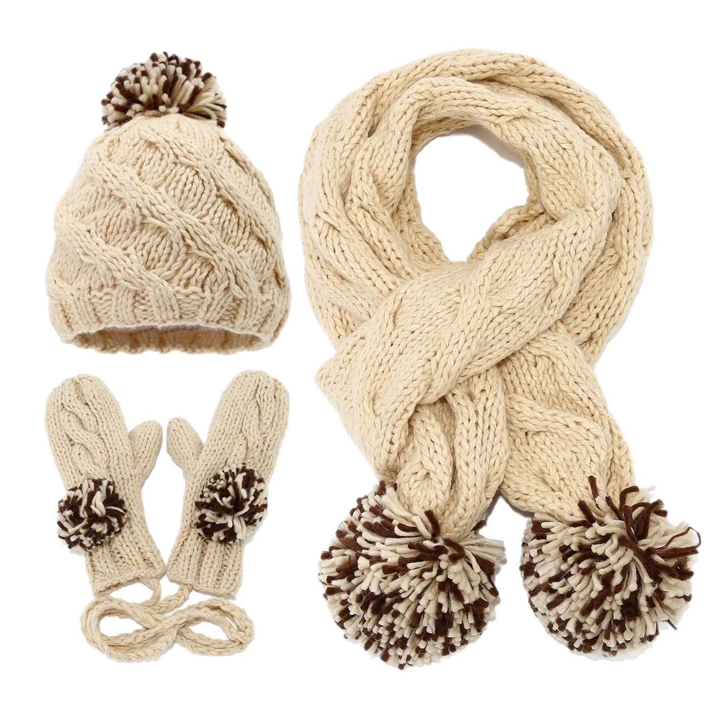 Autumn/Winter Women Thickened Fleece Knitted Hat Scarf and Gloves Set for Cold Weather Outdoor Warm Three-Piece Set