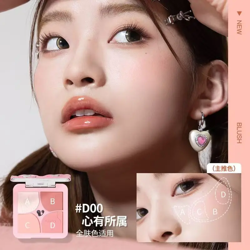 VEECCI Wang Kleur Bloemen 4 kleuren Poeder Blusher Multifunctionele Uitbreiding Samentrekking Blush Poeder langdurige Gezicht Make-Up