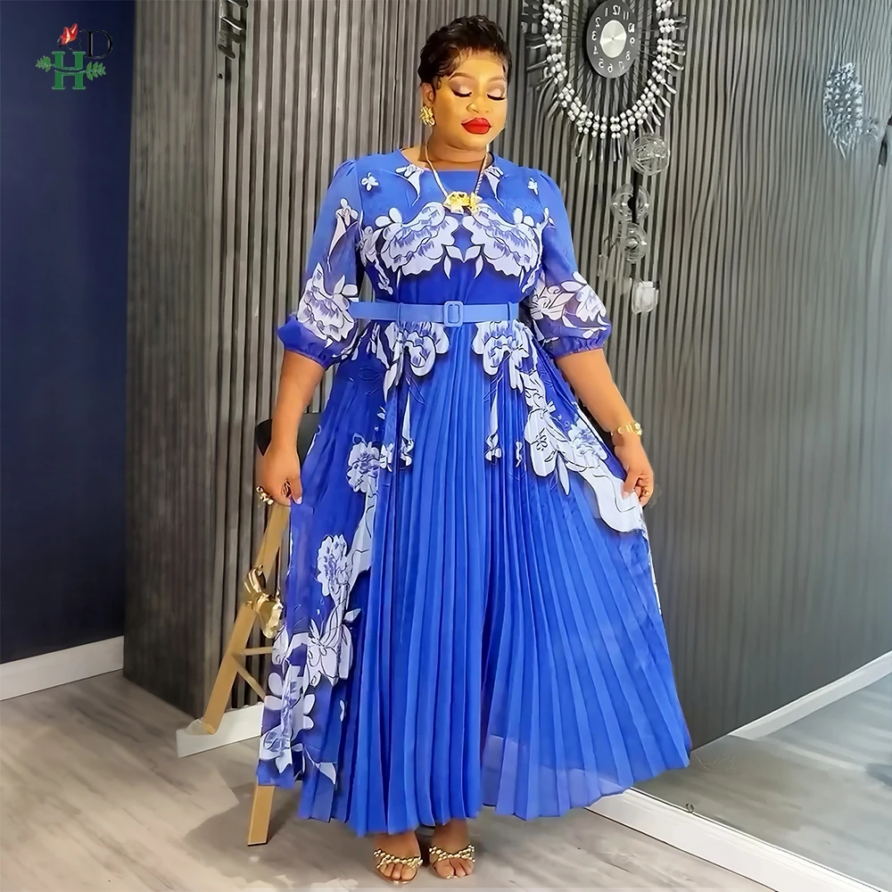 

H&D African Dresses For Women 2025 New Flower Fashion Dress Pleated Skirt Plus Size Wedding Maxi Gowns Elegant Chiffon Clothing
