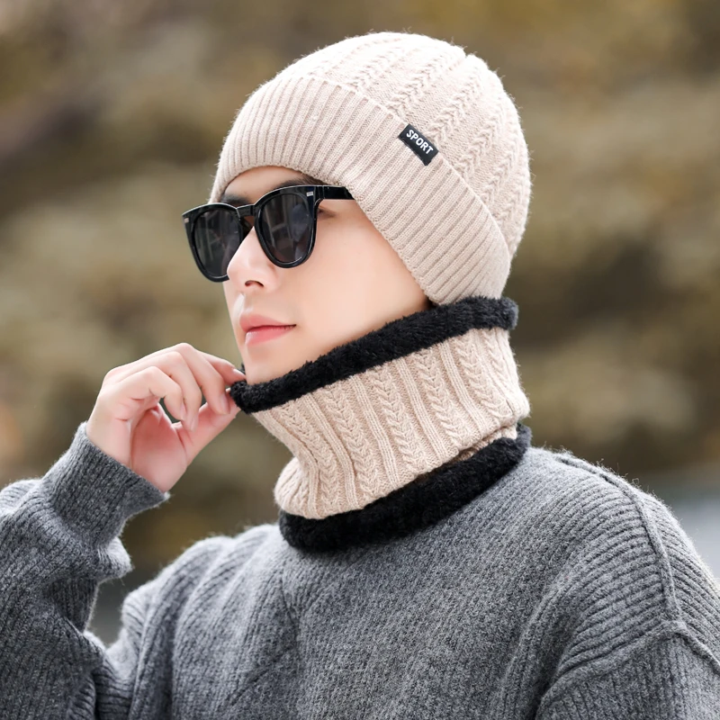 Winter Hats Knit Cap Men And Women Plush Warmth Hat Outdoor Riding Sports Hat Thickening Plus Neck Protect Cap With Warm Gloves